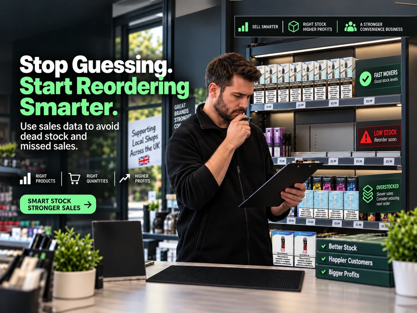 Smarter reordering: vape retailer checks stock levels beside shelves marked fast movers, low stock and overstocked