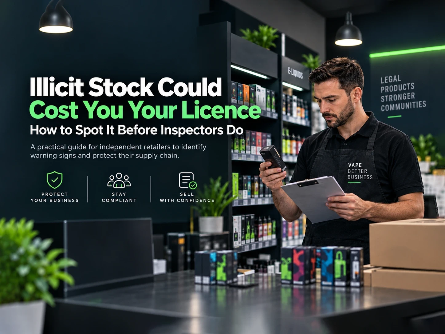 Vape shop retailer checking stock for illicit vapes to stay compliant and protect their licence before trading standards inspections